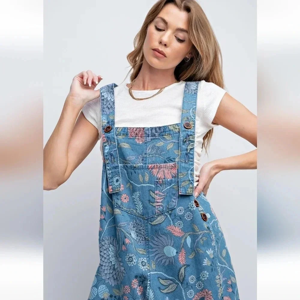 New! Easel Vintage Blue Washed Denim Floral Overall Jumpsuit M - Picture 2 of 5